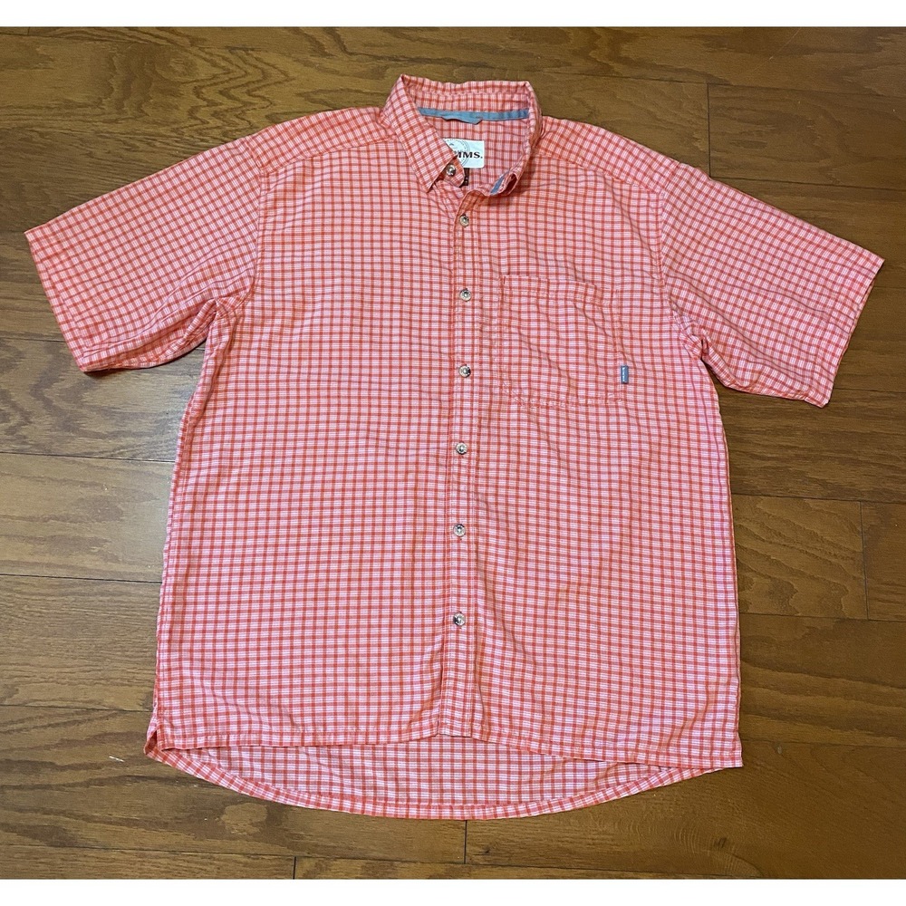 Simms Men's Button Up Nylon Fishing Shirt Camp Lightweight Dark Coral Plaid L